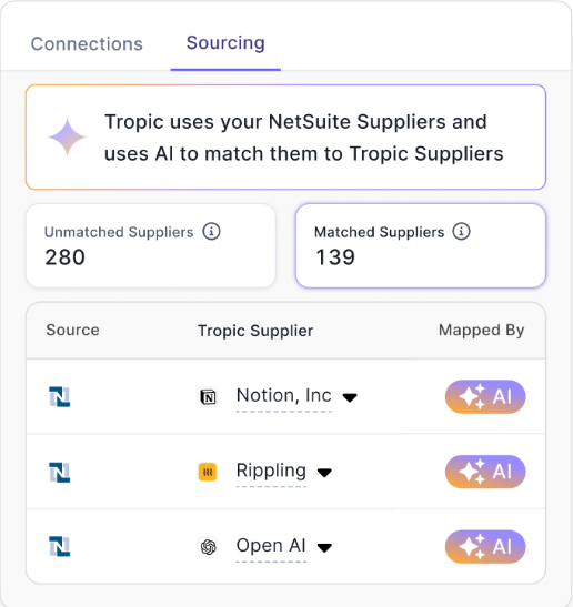 AI Data Mapping interface showing automatic supplier matching from NetSuite to Tropic