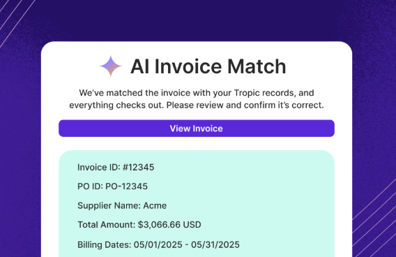 AI Invoice Match interface showing matched invoice details with Tropic records