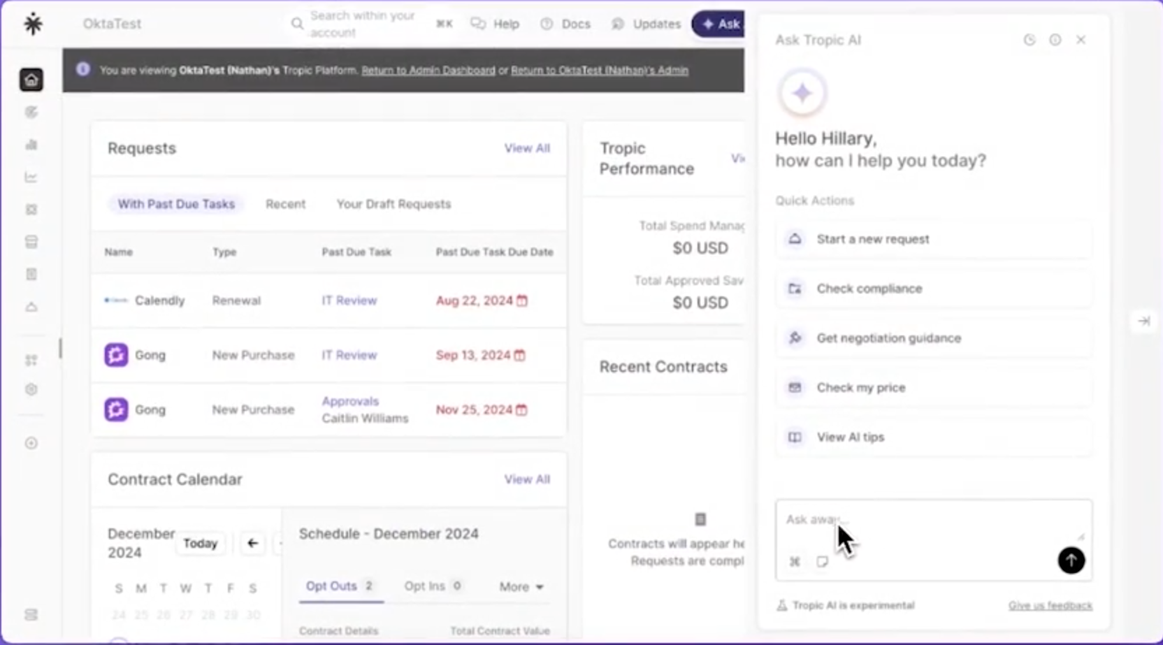 Ask Tropic AI interface showing the AI assistant and dashboard
